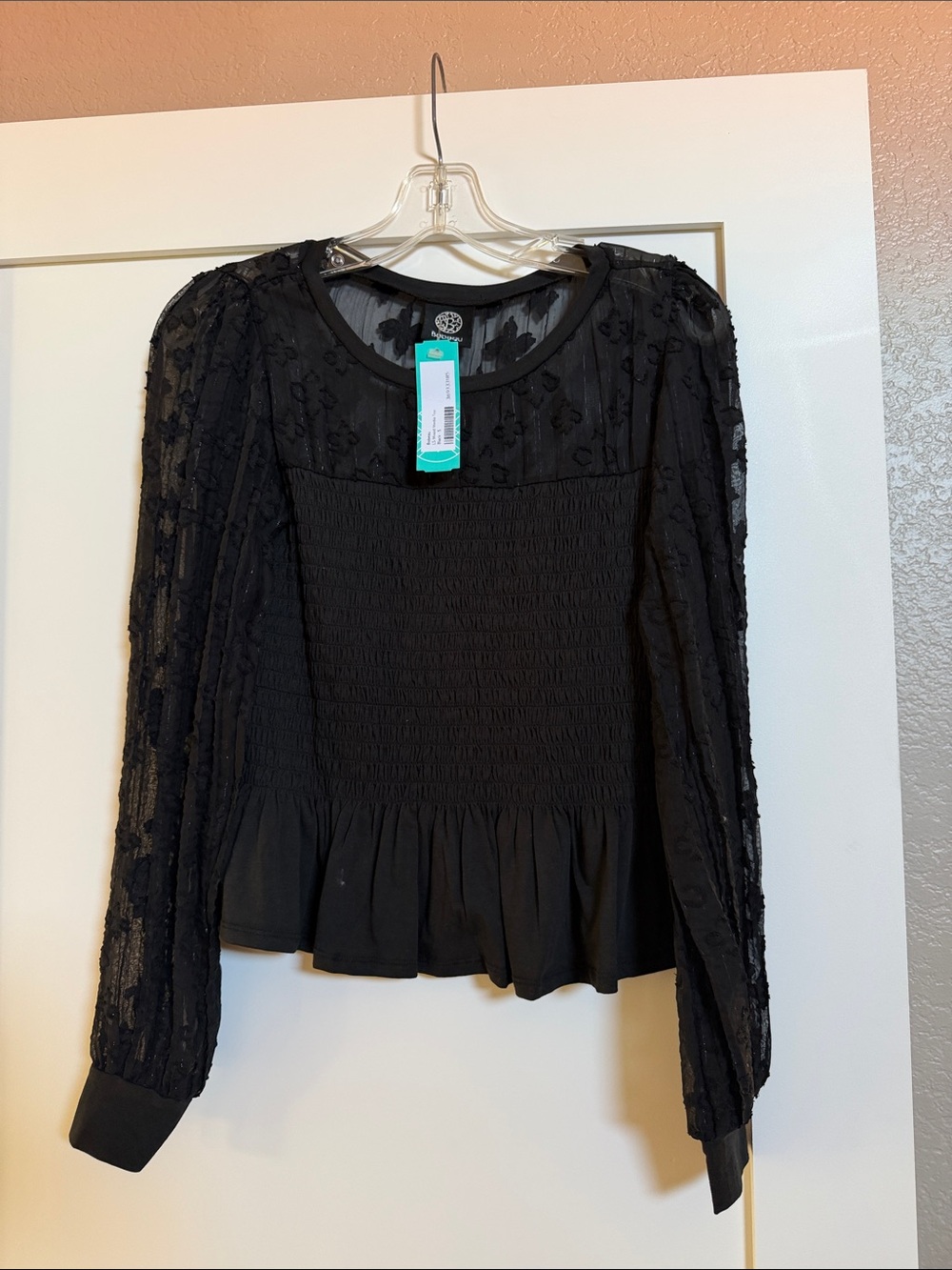 bobeau Black Smocked Peplum Blouse with Sheer Lace Sleeves
